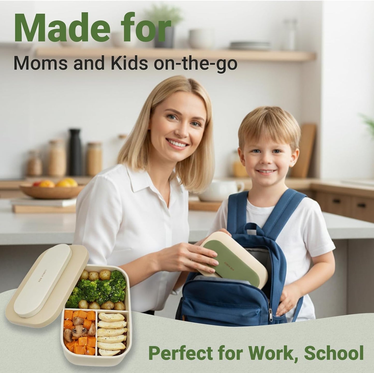 Silicone Bento Box Lunch Box for Adults, Lunch Food Container with 3 Compartment, BPA-Free and Leakproof, Microwave & Dishwasher Safe (Green)