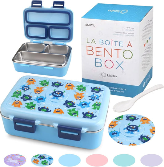 Stainless Steel Lunch Box for Baby Toddlers Boys, Mini Bento, 3 Eco Metal Portion Sections Leakproof Lid, Pre-School Daycare Lunches, Kids Spill-Proof Snack Container, 18 oz/ 550 mL Blue Cute Monster