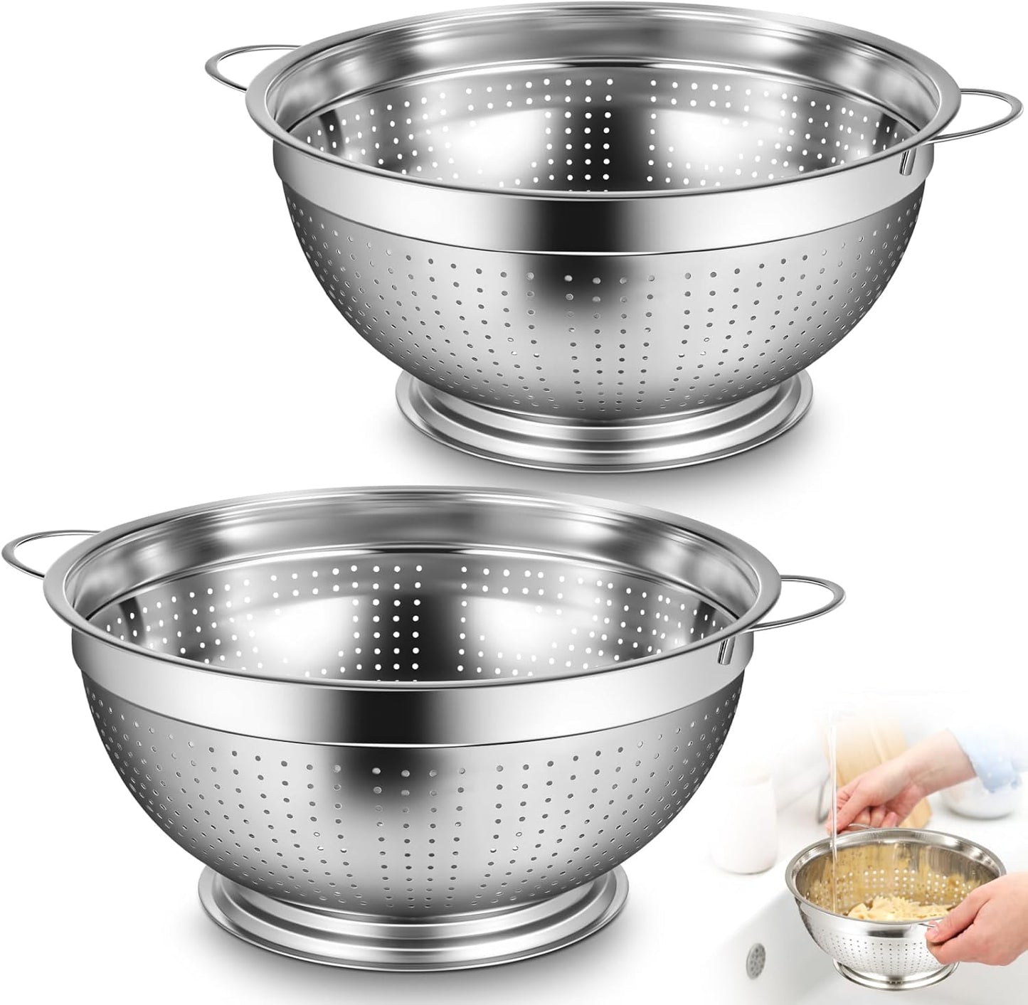 Maxdot 2 Pack 12 Quart Heavy Duty Stainless Steel Colander with Footed Base and Handles Pasta Spaghetti Berry Fruit Vegetable Kitchen Food Strainer Basket(37.9 cm/14.9 inch)