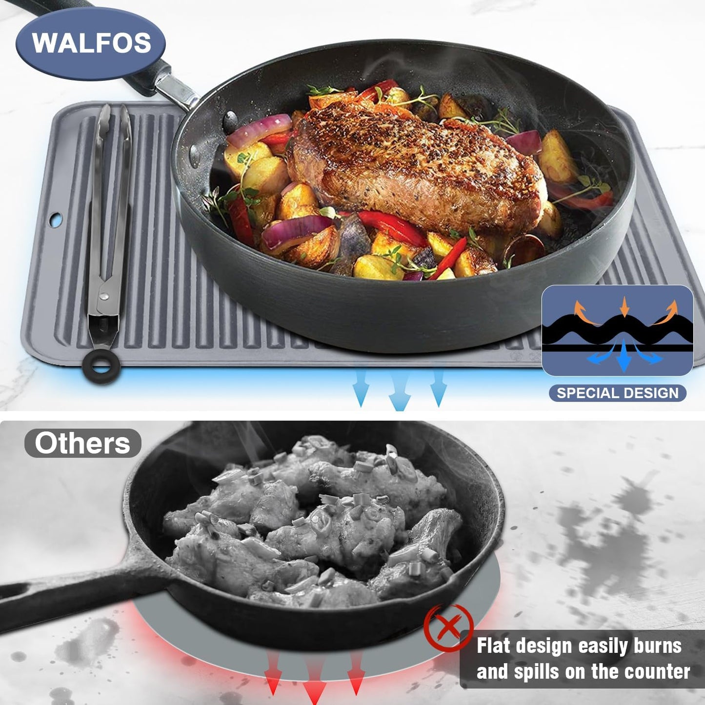 Walfos Large Silicone Trivet 16x12 Inch, Hot Pads for Kitchen, Heat Resistant Pot Holders Trivets for Hot Dishes, Hot Pots and Pans, Quartz Countertops, Gray, 2 Pack
