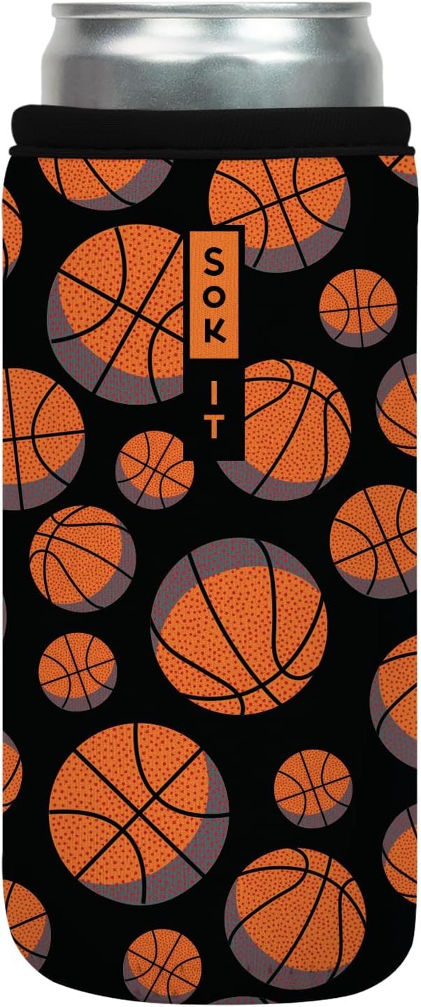 Sok It CanSok Sleeve for Beer & Soda Insulated Neoprene Cover (Basketball, 12oz Slim Can Sleeve)