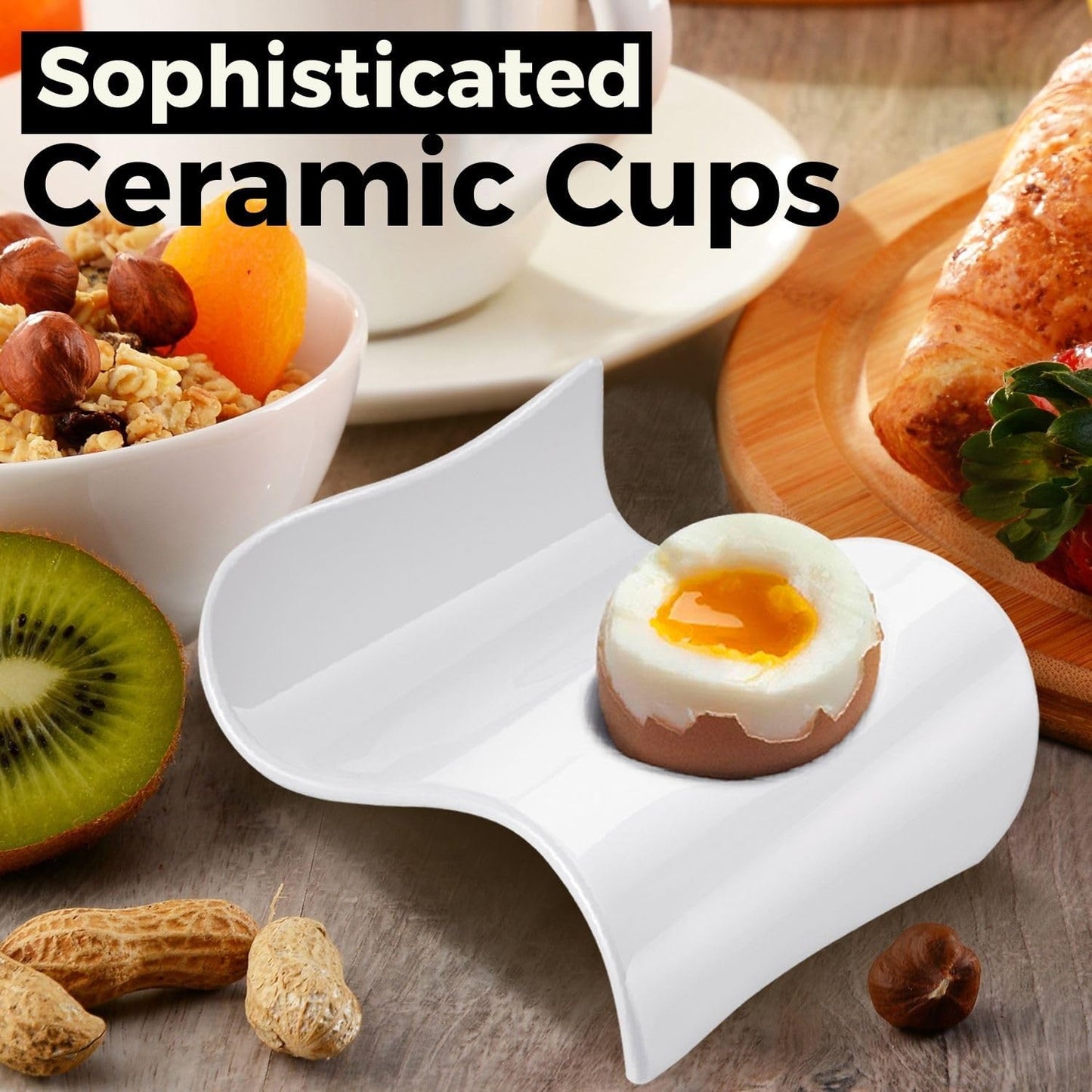 Flexzion Ceramic Egg Holder Cup - 6-Piece Hard Boiled Egg Holder & Soft Boiled Egg Holder Set, White Coddled Egg Cup, Stable & Stackable Modern Wave Style Egg Serving Dish with Base