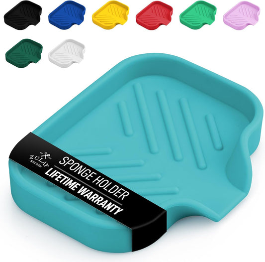 Zulay Kitchen Small Silicone Sponge Holder (4.9x3.3”) – Space-Saving Sink Organizer Tray for Sponge, Soap, Brush & More – Compact Non-Slip Dish for Kitchen & Bathroom (Aqua Sky)