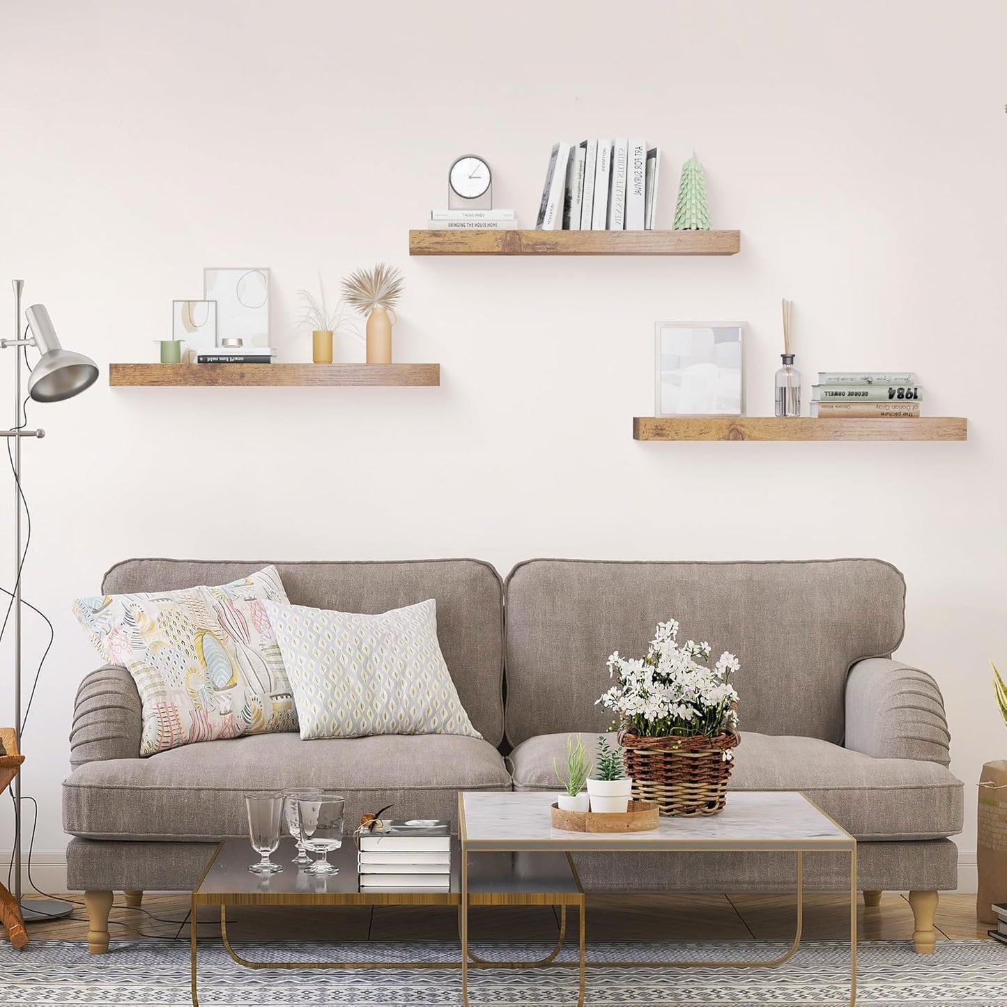 Colima 3-Pack Contemporary Wood Floating Shelves, 24 Inch, Wall-Mounted, 1.3 Inch Thick, 50 lb Capacity Each, Set of 3