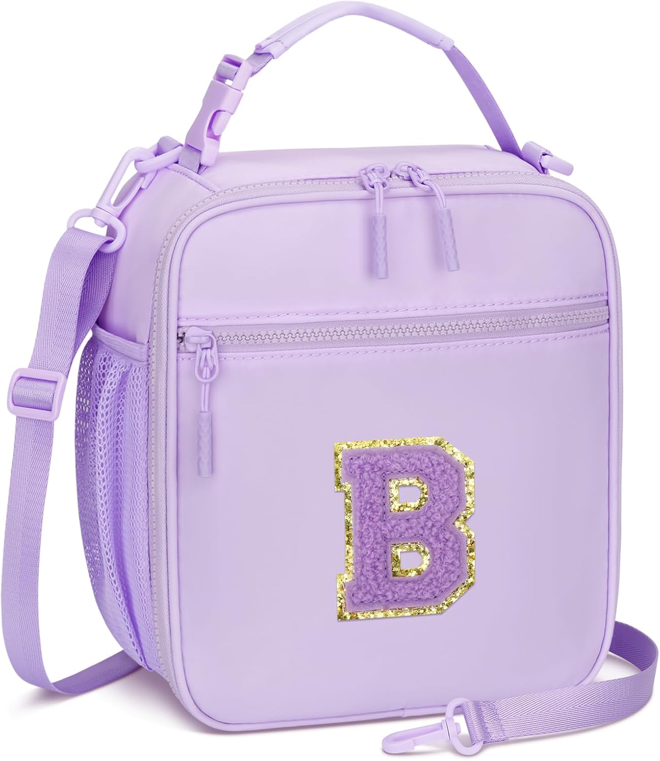 Initial Insulated Lunch Bag for Girls Kids, Back to School Gift, Reusable Leak-proof Lunch Box with Adjustable Strap for School Daycare Travel Picnic (Purple,B)