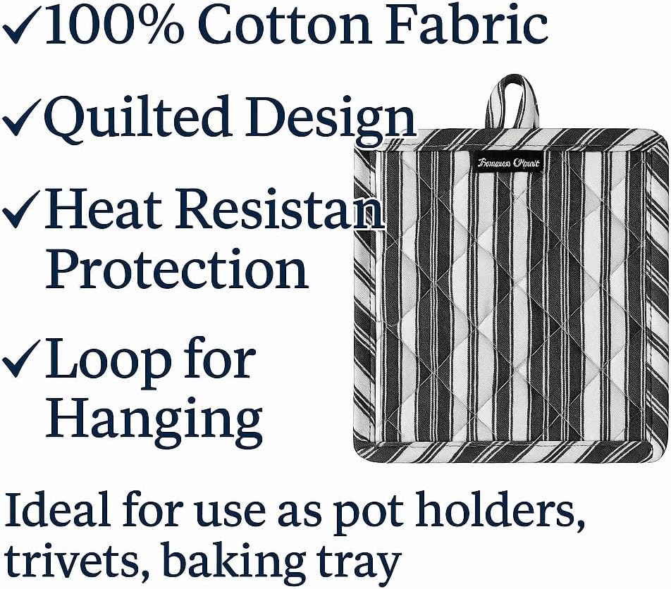 AMOUR INFINI Double Stripe Pot Holders Heat Resistant Cotton Set of 3 Nonslip 8"x8" Inch Hot Pads for Kitchen, BBQ, Baking & Cooking with Hanging Loops (Charcoal)