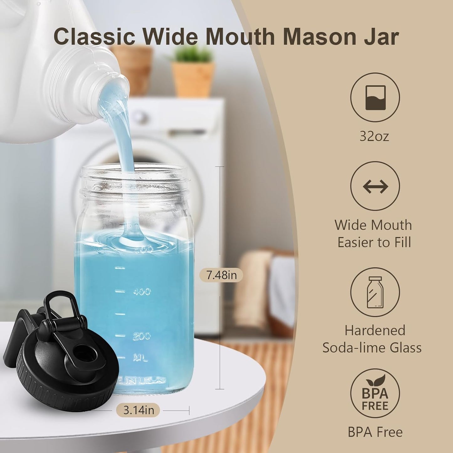 32oz Mason Jar with Lid - 2Pack No Leak Airtight Mason Jar with Pour Spout Lid Perfect for Fridge, Wide Mouth Easy to Clean, Ideal for Coffee, Breastmilk, Iced & Sun Tea, Juices