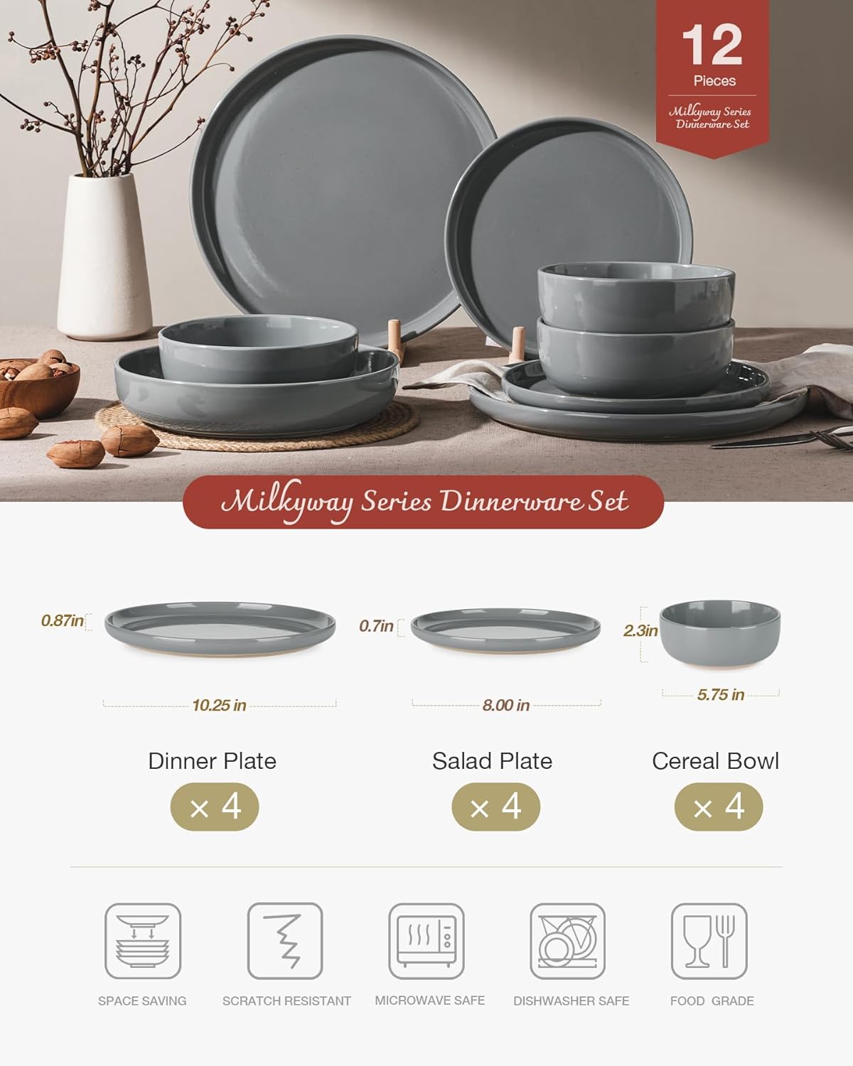 Famiware Milkyway Plates and Bowls Set, 12 Pieces Dinnerware Sets, Dishes Set for 4, Dark Gray
