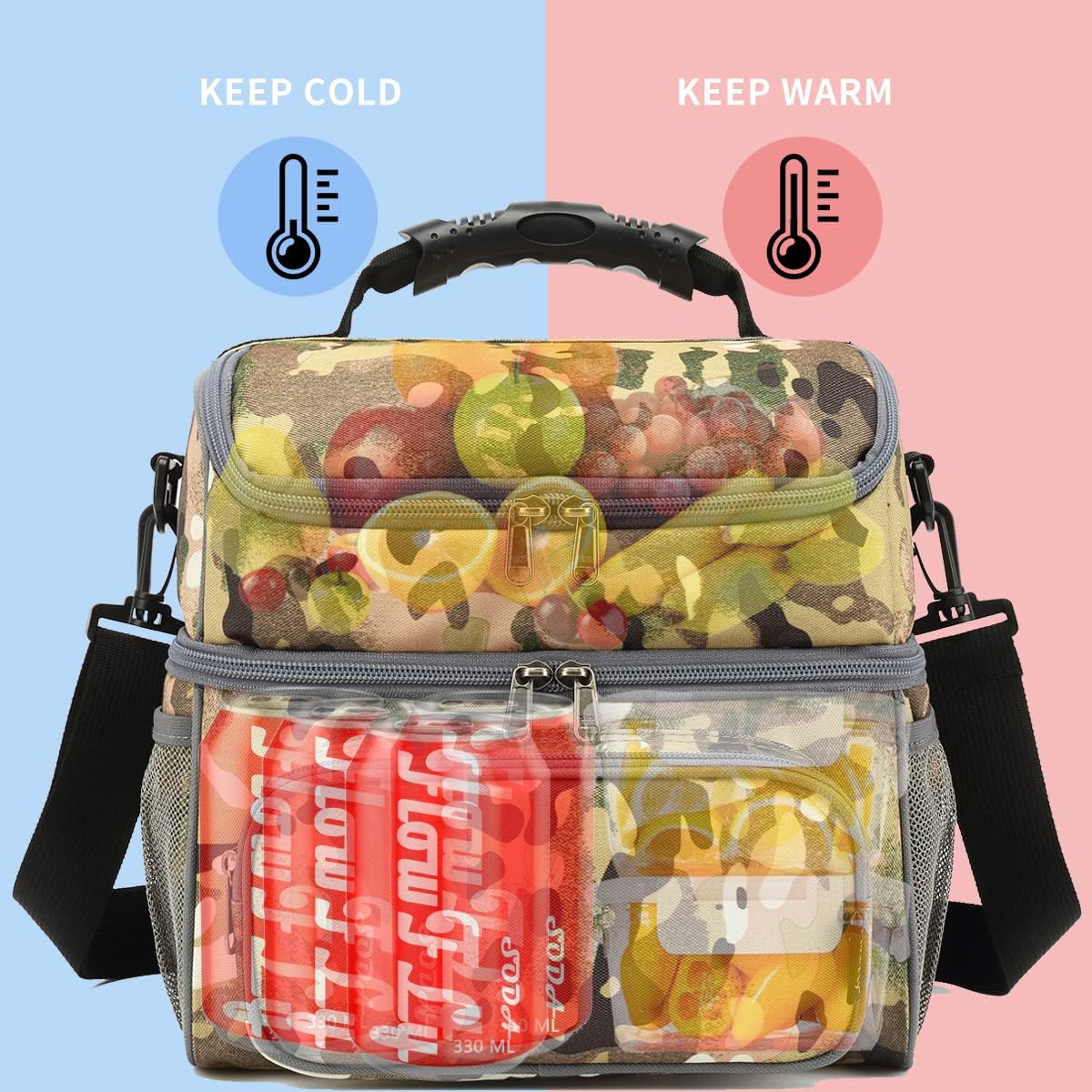 FlowFly Double Layer Cooler Insulated Lunch Bag Adult Lunch Box Large Tote Bag for Men, Women, With Adjustable Strap,Front Pocket and Dual Large Mesh Side Pockets