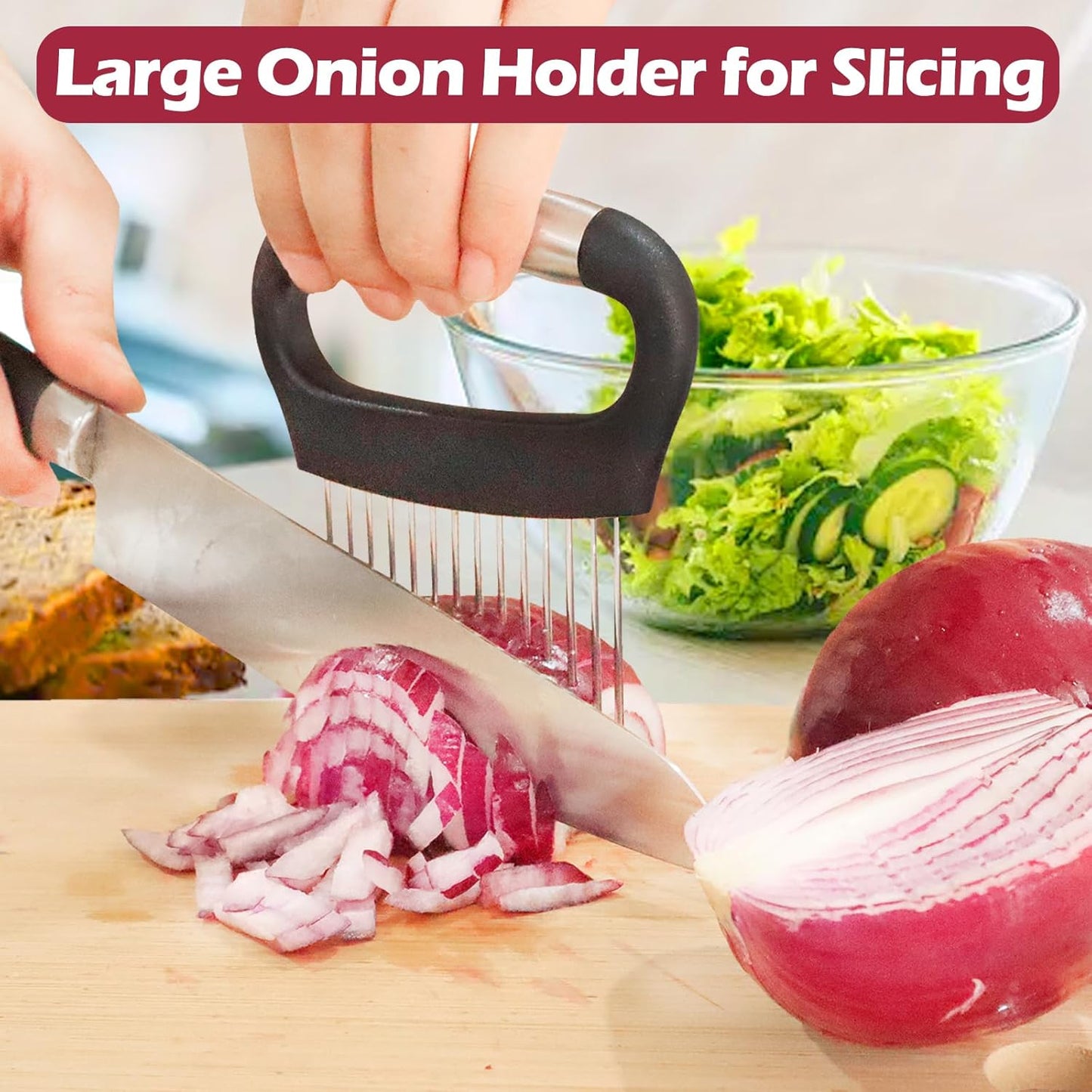 JAYVAR Large Onion Holder for Slicing, 3Pieces Large Tomato Slicer, Stainless Steel Onion Chopper Vegetable Cutter for Potato Lemon, Meat Tenderizer Tool, Kitchen Food Slicer Guide for Neat Slicing