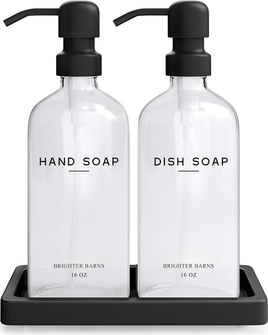 Glass Hand and Dish Soap Dispenser Set by Brighter Barns - Kitchen Soap Dispenser Set with Tray, Stainless Steel Pump - Glass Bottles for Sink - Black Kitchen Accessories for Home, Hotel, Gift (Clear)