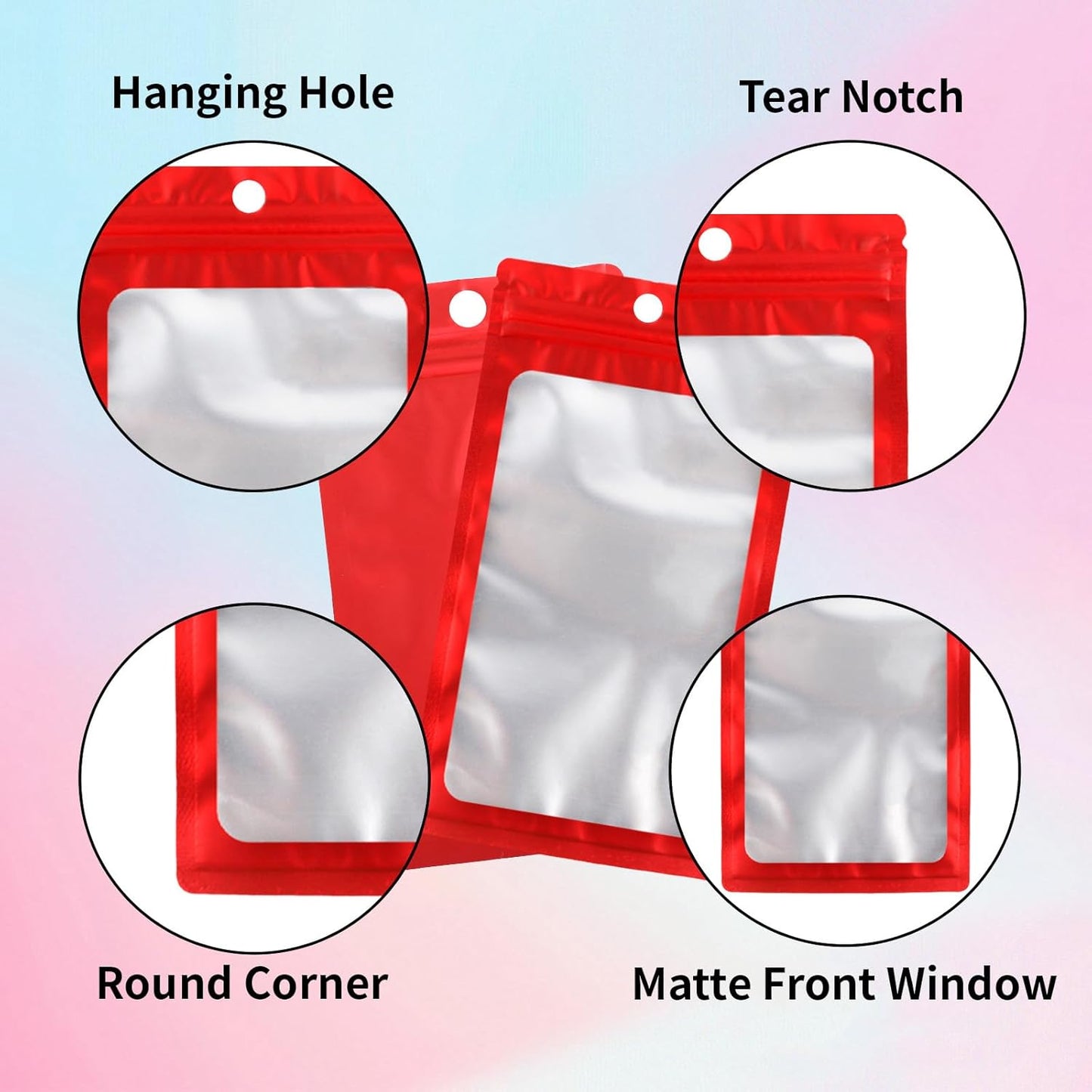 200 Pack Resealable Mylar Holographic Bags Food Storage Smell Proof Bags with Front Window Foil Packaging Pouch for Candy Sample Jewelry Small Business 4.72×7.87 Inch, Red