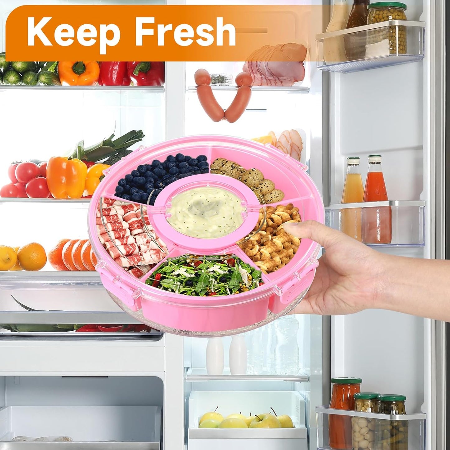 Divided Rotating Serving Tray with Lid and Handle,Portable Snackle Box Container,Spinner Organizer and Storage for Adults,Child,Fruits,Candy,Nuts,Veggie,Charcuterie,Snacks,Picnic,Road Travel Party