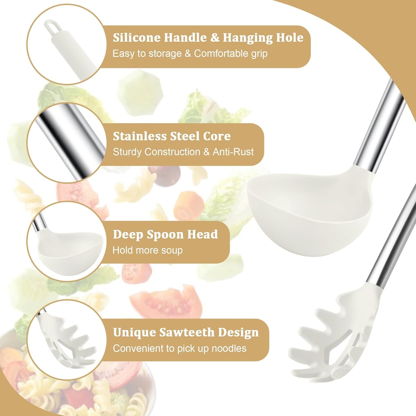 TeamFar Silicone Soup Ladle and Pasta Fork Set, 2 Pcs Large Nonstick Kitchen Cooking Utensils with Stainless Steel Handle for Draining, Serving Soup, Sauce, Spaghetti, Non-Toxic & Heat-Proof, White