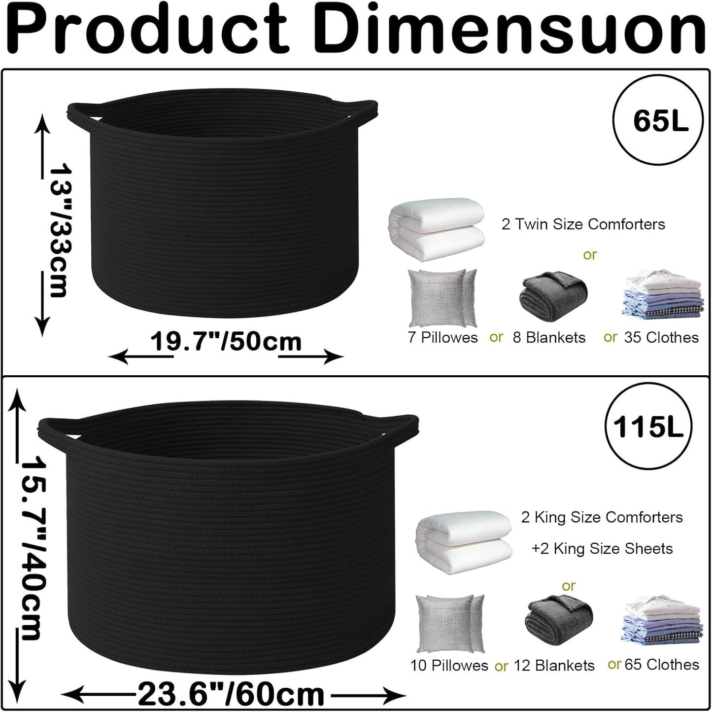 Large Blanket Basket for Organizing,115L Closet Organizers and Storage Bins Box for Shelves Woven Rope Storage Baskets,Living Room,Bedroom,Dorm,Laundry room (Black)