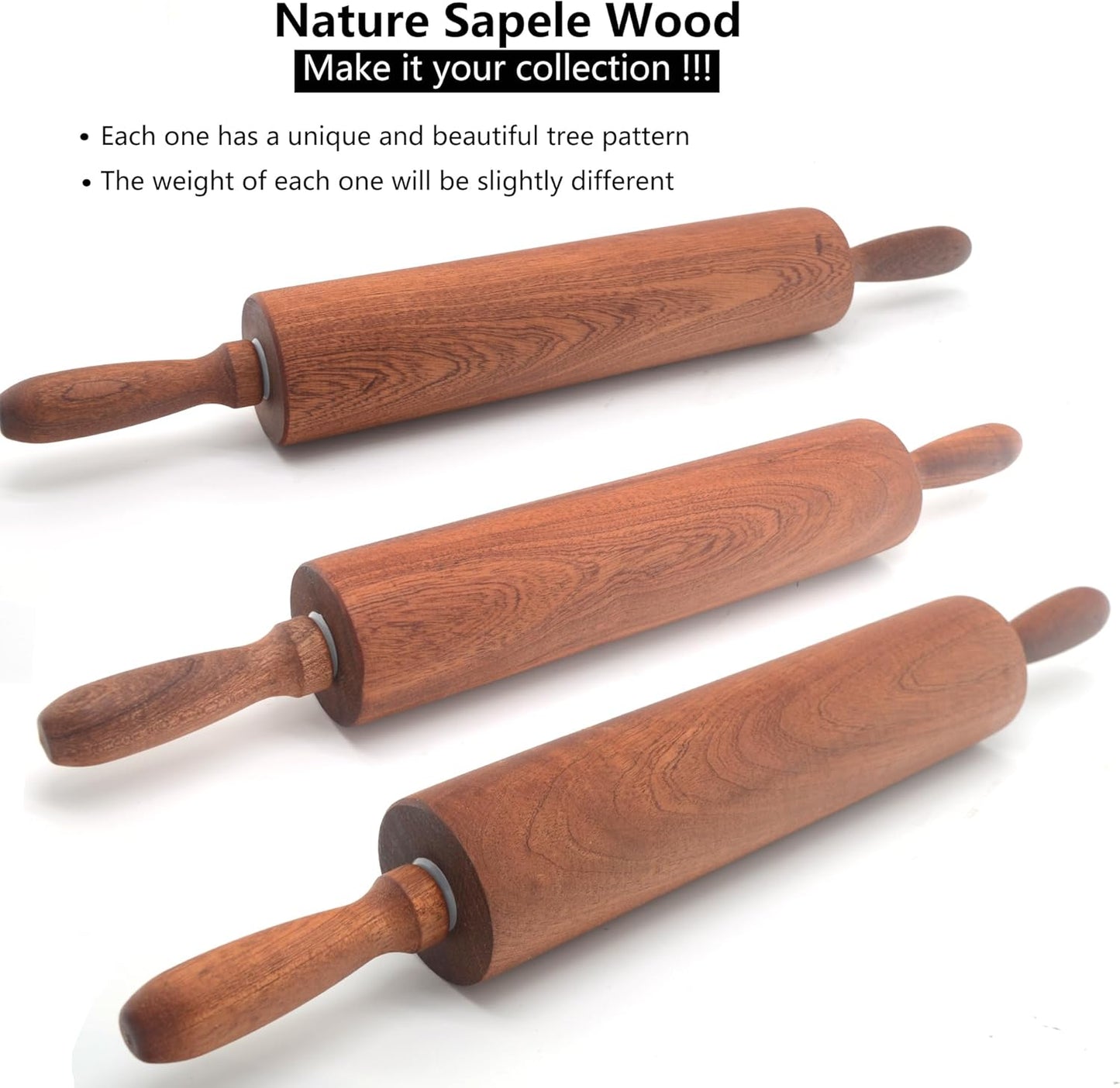 Classic Sapele Wooden Rolling Pin With Handles,Wood Baking Roller Large (17.3"L x 2.3"W)
