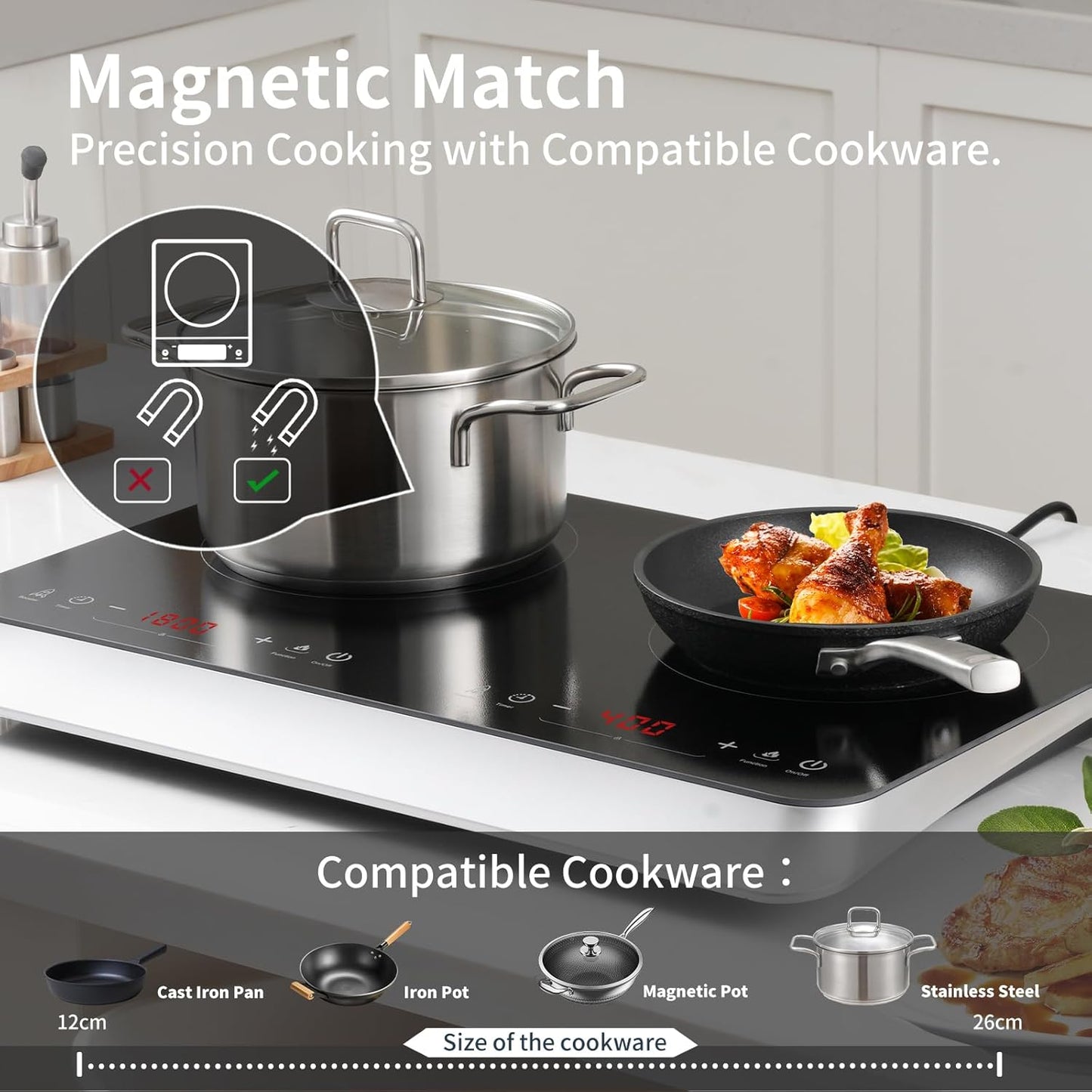 Double Induction Cooktop Burner with Fast Warm-Up Mode, 1800w 2 Burner with 10 Temperature 9 Power Settings, Portable Dual Induction Cooker Cooktop with Child Safety Lock & Time