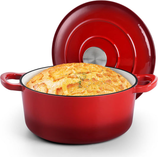 Small 3 Quart Dutch Oven, HaSteeL Round Cast Iron Cooking Pot with Lid, Nonstick Enameled Cookware for Sourdough Bread Baking Roasting Stewing Braising Frying, Heavy Duty & Oven Safe 500℉, Red