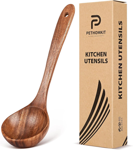 Wooden Soup Spoon for Cooking, Teak Acacia Soup Ladle, Non-Toxic Natural Wood Serving Spoon for Gravy Sauce Porridge, Long Handle Deep Scooper Server Utensil, No-Scratch Cookware Surface,10.6″