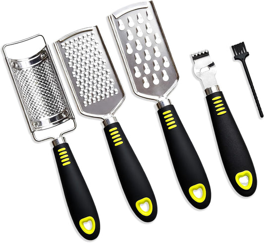 5 Pcs Stainless Steel Cheese Grater with Handle, Handheld Lemon Zester Grater with Handle, Hand Graters for Kitchen Graters & Peeler & Slicer, for Vegetable Fruit Kitchen Aid, with 1 Brush & 1 Box