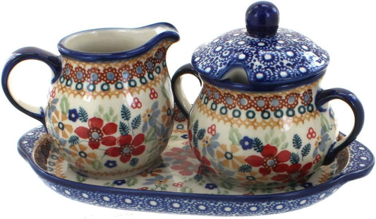 Blue Rose Polish Pottery Red Daisy Sugar & Creamer with Tray