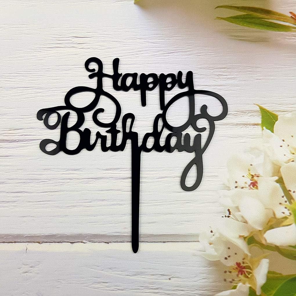 Happy Birthday Cake Topper for Birthday Party Decorations - Black Acrylic
