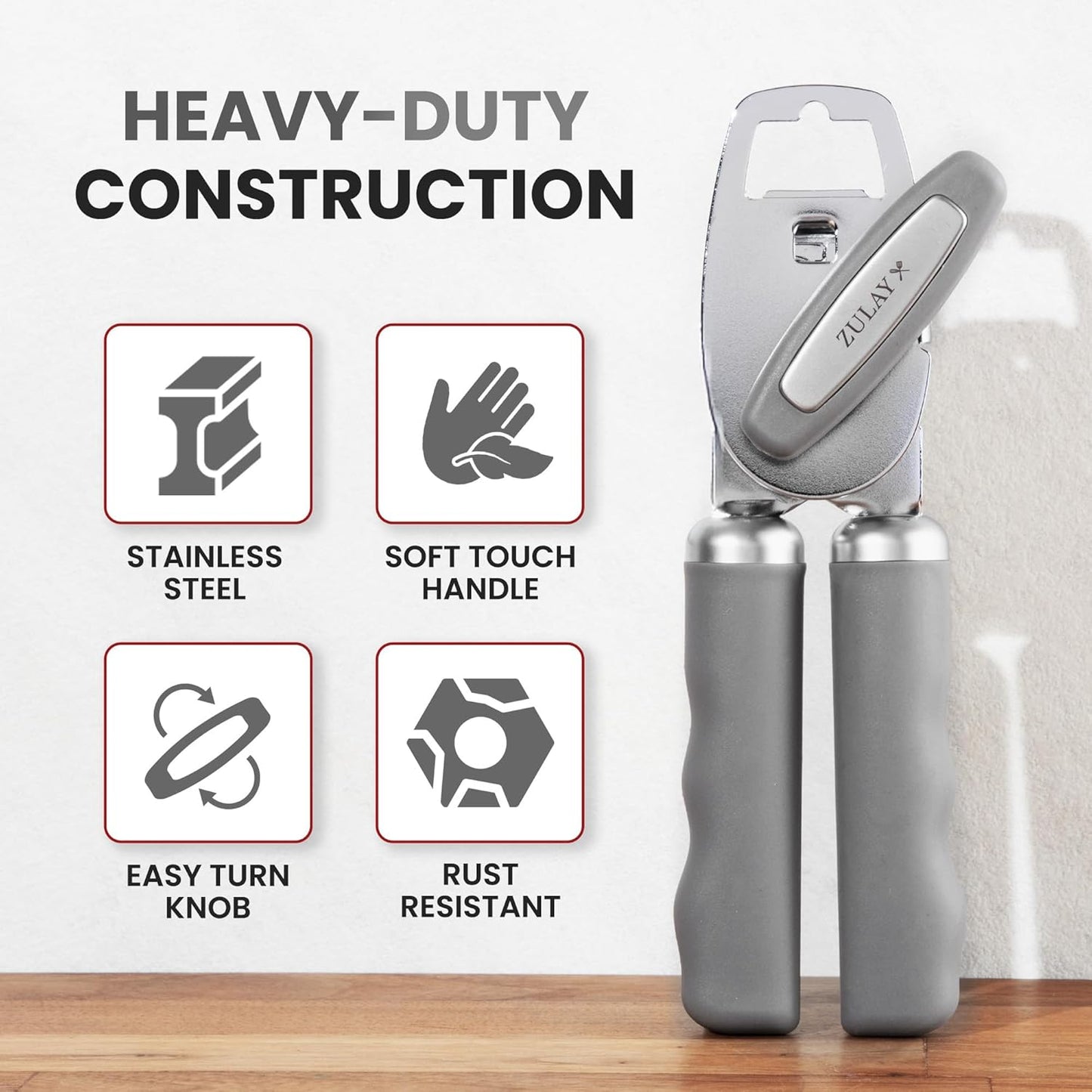 Zulay Kitchen Heavy Duty Stainless Steel Can Opener Manual with Bottle Opener - Rust Proof Manual Can Opener With Turn Knob & Comfy Soft Grip Handles - Light Gray