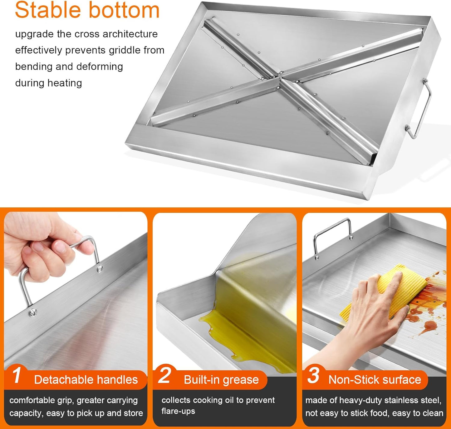 GGC Universal Griddle for Gas Grills, 25" x 16" Flat Top Griddle Plate for Gas Stove, Stainless Steel Griddle for Camping Stove, Nonstick Cooking Griddle for Charcoal, Tailgating, Parties