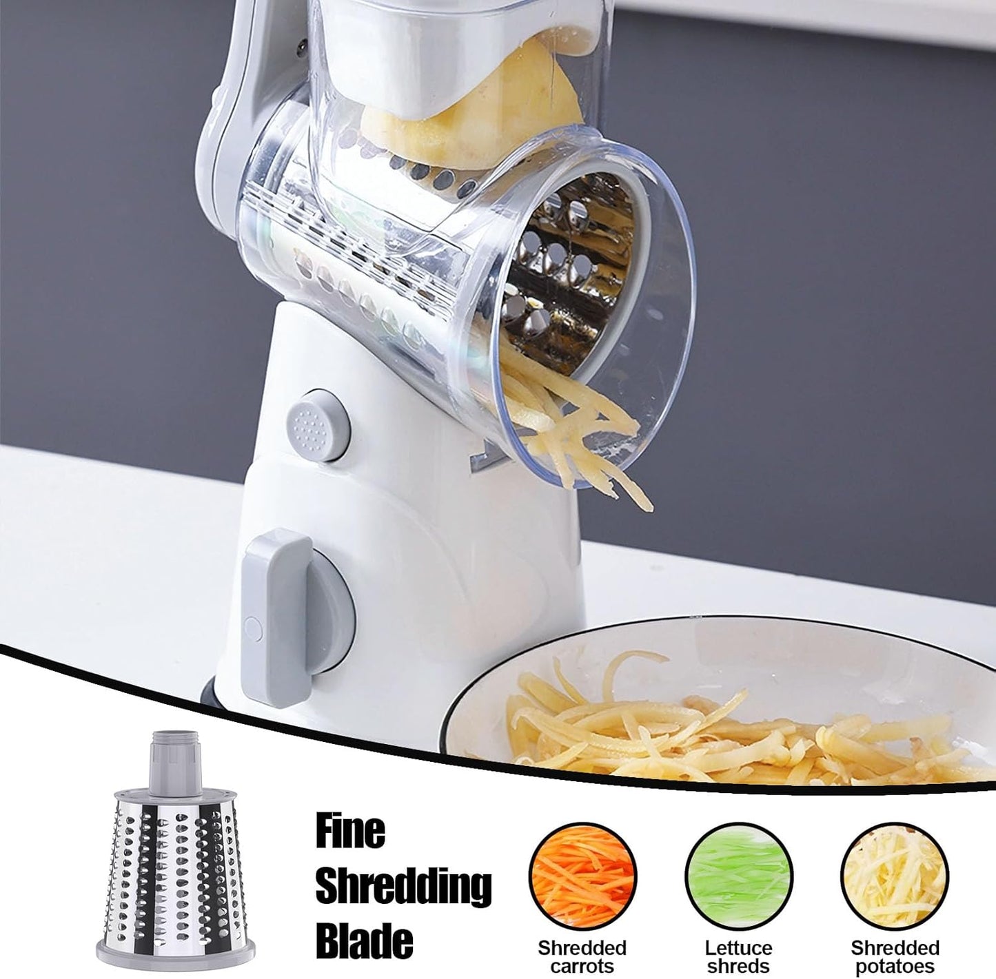 RAINBEAN Rotary Cheese Grater for Kitchen, Hand Crank Cheese Shredder with 3 Interchangeable Blades, Rotary Grater with Handle and Strong Suction Base, for Vegetables, Fruit, Nuts