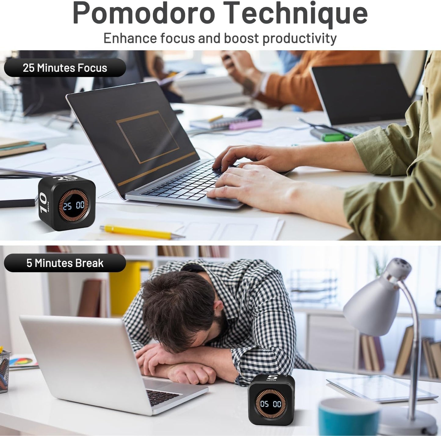 Rotating Pomodoro Timer Cube – 5/10/25/50 Minutes Preset Silent/Vibration/Custom Modes Flip Timer | ADHD Focus Helper for Study, Work & Kitchen (Black)