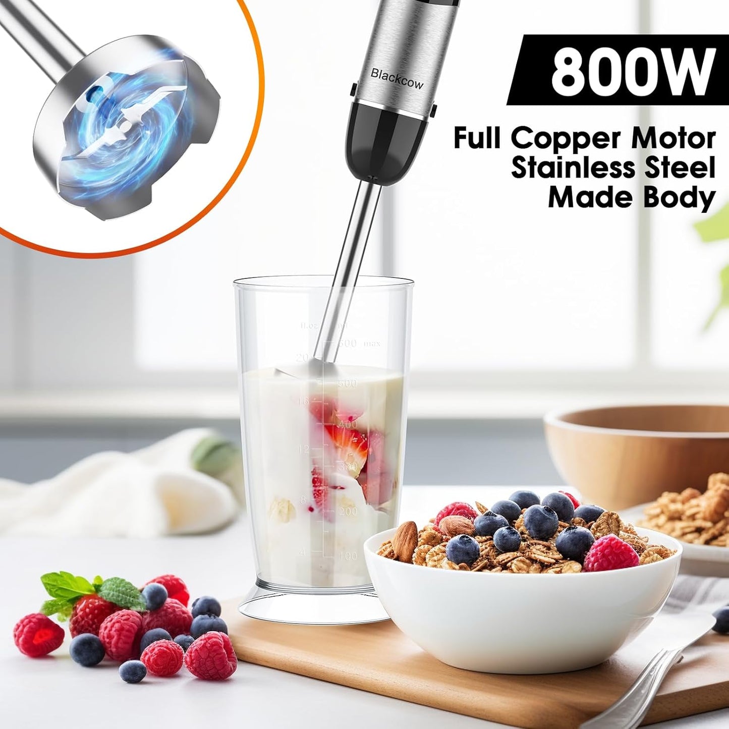 Immersion Blender Handheld for Kitchen,Emulsion Blender Handheld,12 Speed Electric Hand Mixer with BPA Free Attachments:Chopper Bowl,Whisk,Milk Frother,Measuring Cup