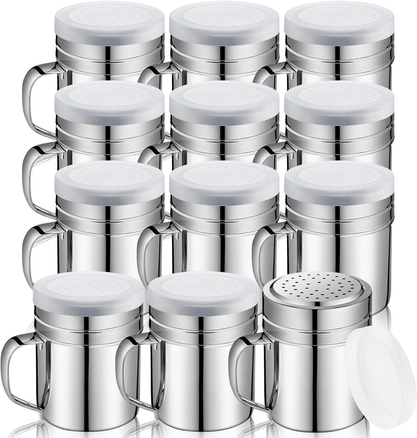 Lallisa 12 Pcs 10 oz Stainless Steel Spice Shakers with Holes and Lids Dredge Shakers with Handle Versatile Salt Shaker for Sugar Pepper Seasoning Flour Popcorn Cinnamon Powder Container Accessories