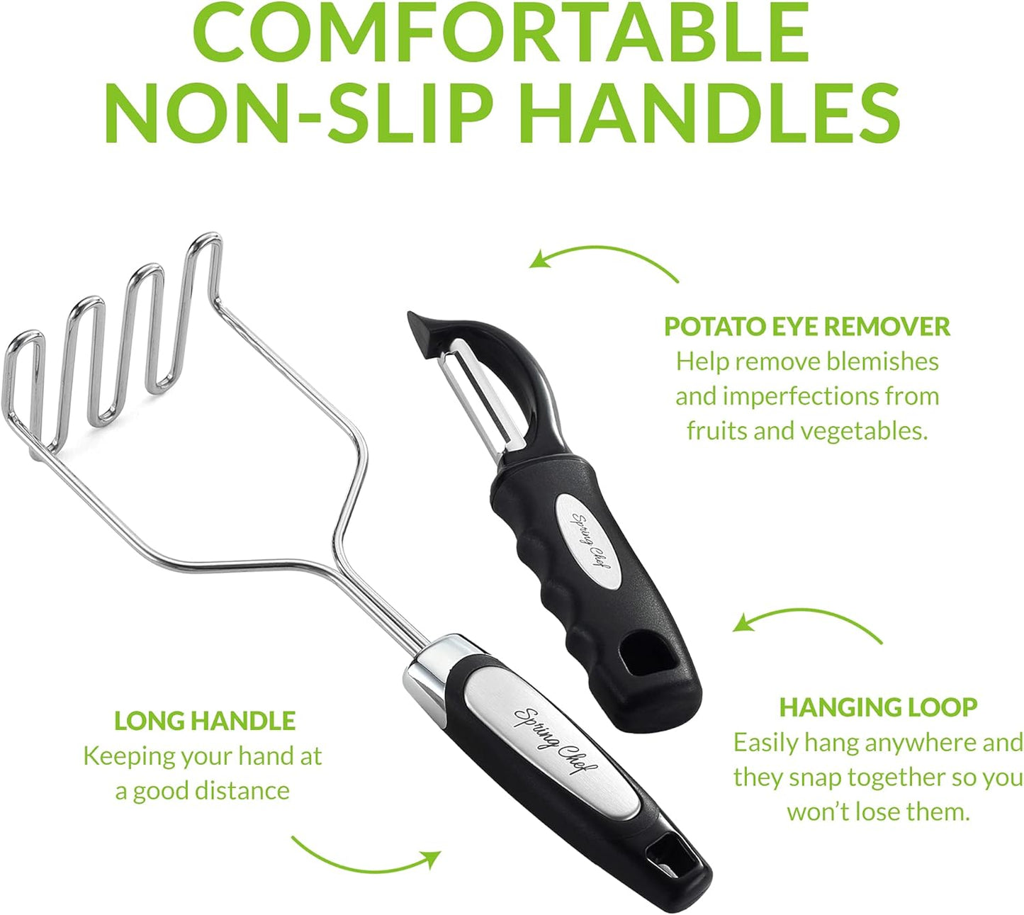 Spring Chef Stainless Steel Potato Masher with Premium Vegetable Peeler, Mashed Potato Masher - Kitchen Tool with Soft Non-slip Handle, Metal Food Masher for Fruit, Avocado, Bean, Guacamole, Banana