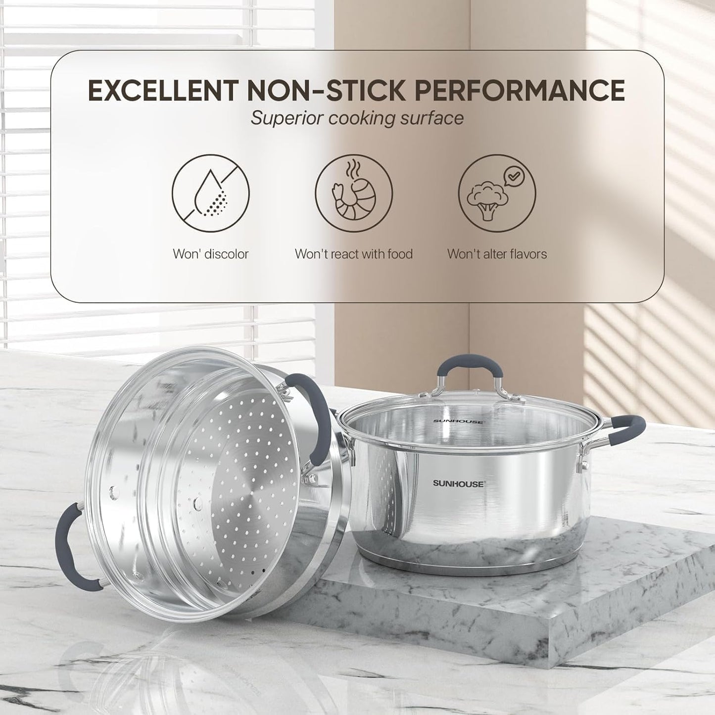 Sunhouse - 3.1 Quarts Steamer Pots With Lid 2-Tier Multipurpose Stainless Steel Steaming Pot Cookware For Vegetable, Dumpling, Sauce, Food - Triple Bottom, Measurement Line