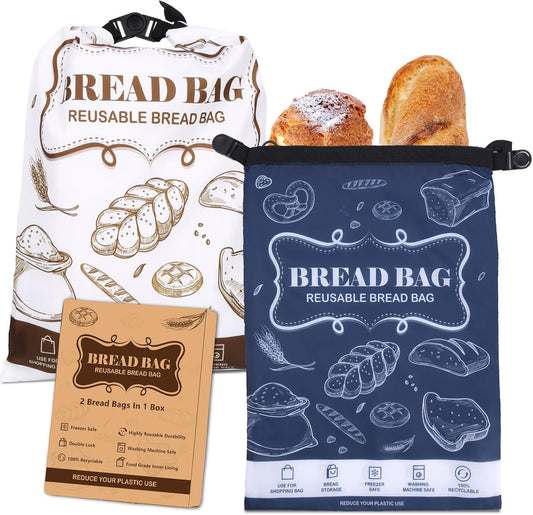 Bread Bags, 2 Packs Bread Bags to Keep Fresh, Reusable Zipper for Homemade Loaf, Freezer Storage Bag, Container, Fresh Keeping Extra Large Food Bag (White)