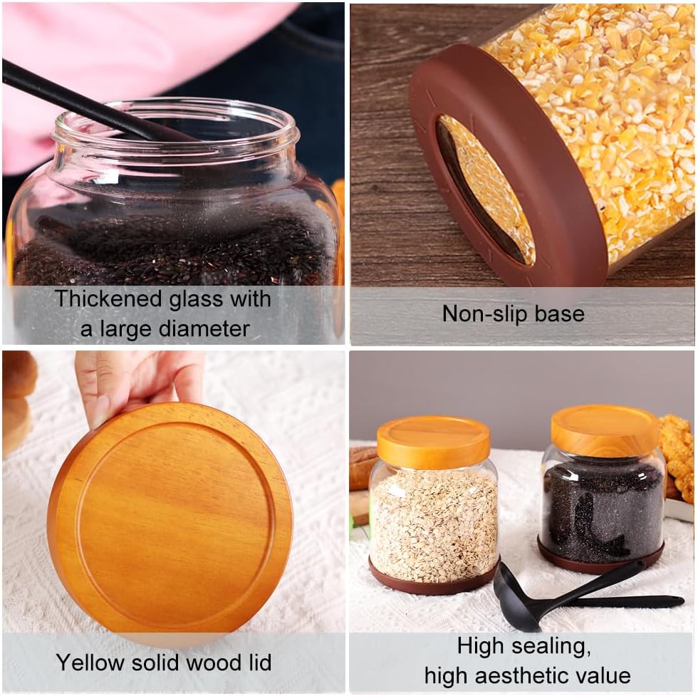 SAIOOL Large Capacity Screw Glass Food Storage Jars (Set of 2) - Diam 15cm x H16cm 2000ML Kitchen Canisters for Flour, Rice, Pasta, Leakproof Design with Yellow Wood Lid & Accessories