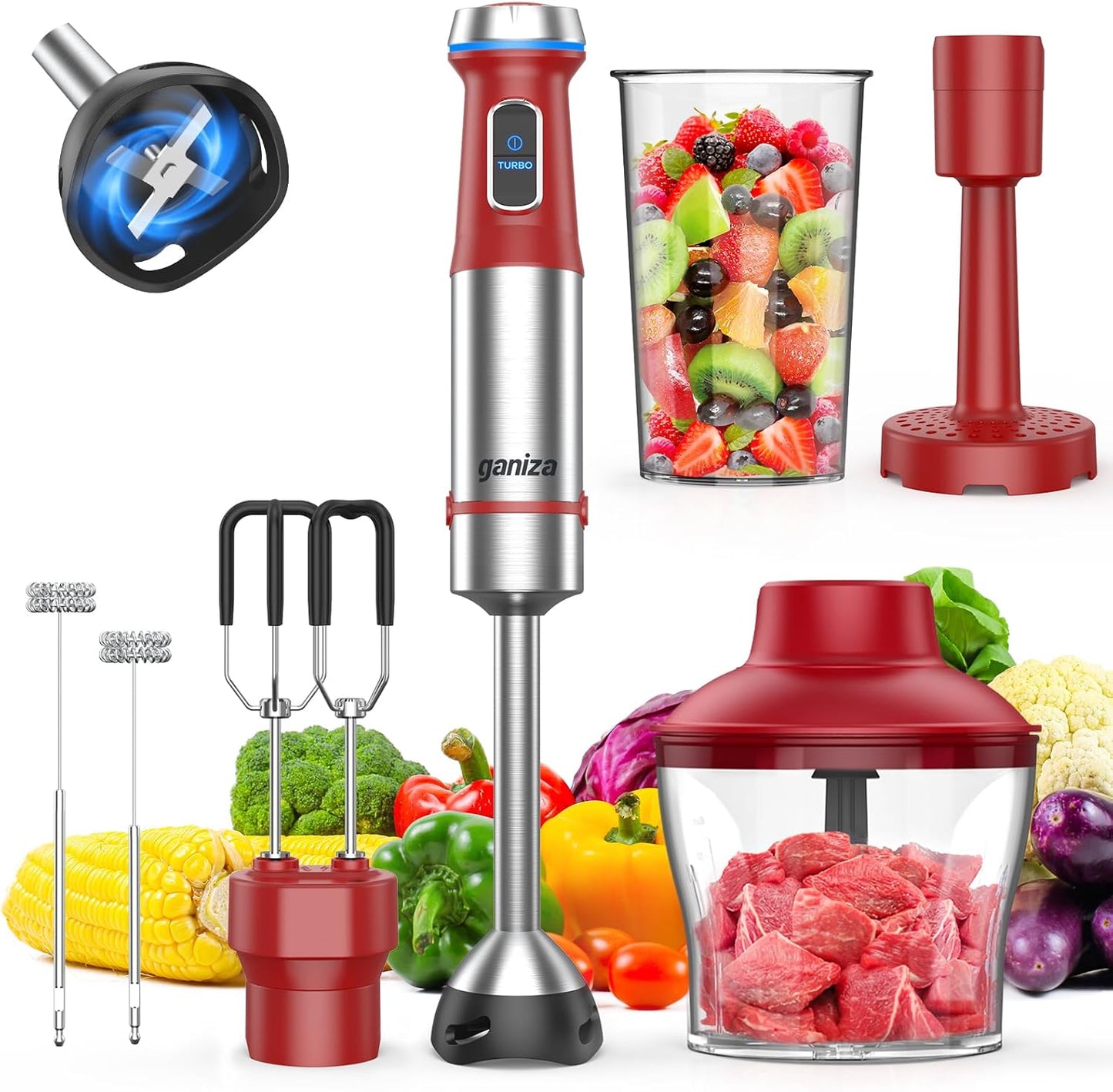 Ganiza Immersion Blender Handheld, 6 in 1 Hand Blender Stainless Steel Blade, 15 Speed Stick Blenders, 800ml Mixing Beaker, 600ml Chopper, Whisk, Frother, Potato Masher, Red