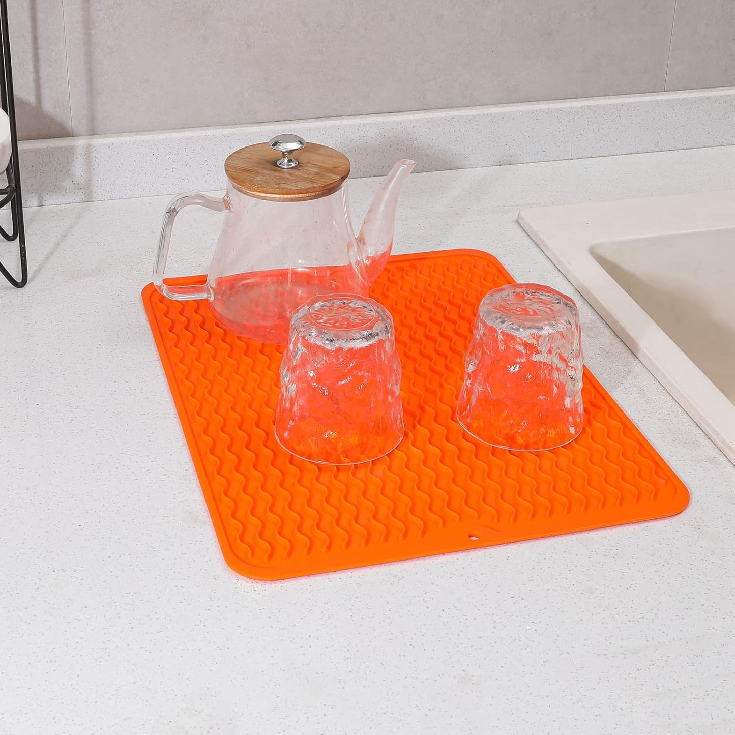 Silicone Dish Drying Mat for Multiple Usage,Easy clean,Eco-friendly,Heat-resistant Silicone Mat for Kitchen Counter or Sink,Refrigerator or drawer liner Orange L 16 inches x 12 inches