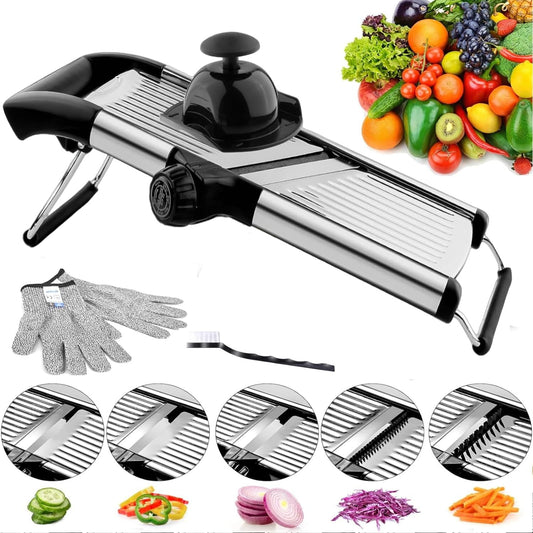 Adjustable Mandoline Slicer for Vegetables, Fruits, Stainless Steel with Cut-Resistant Gloves, Black/Silver