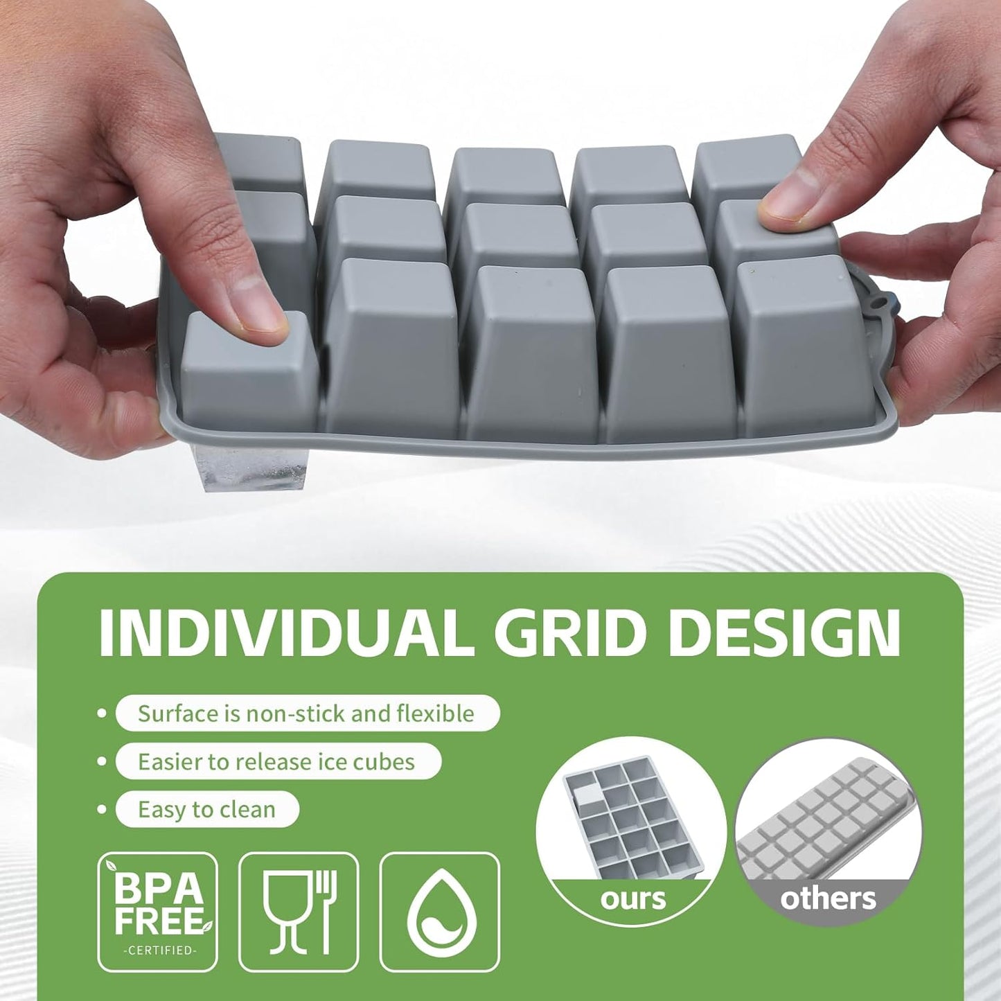 Silicone Ice Cube Tray, 3 Pack Easy-Release Stackable Ice Trays for Freezer with Lid 15 Reusable Cubes, Food Grade BPA Free Ice Molds for Whiskey, Baby Food, Coffee, Cocktail (Blue+Green+Grey)