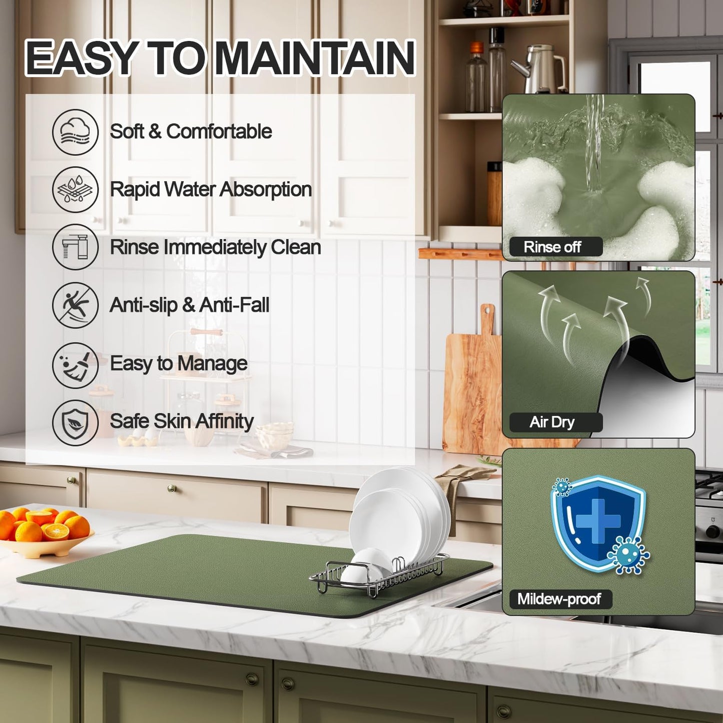 Dish Drying Mat for Kitchen Counter | Coffee Bar Mat for Countertops | Heat Resistant Drainer Mat with Non-slip Rubber Backed | Hide Stain Kitchen Absorbent Draining Mat | Green 16"x20"