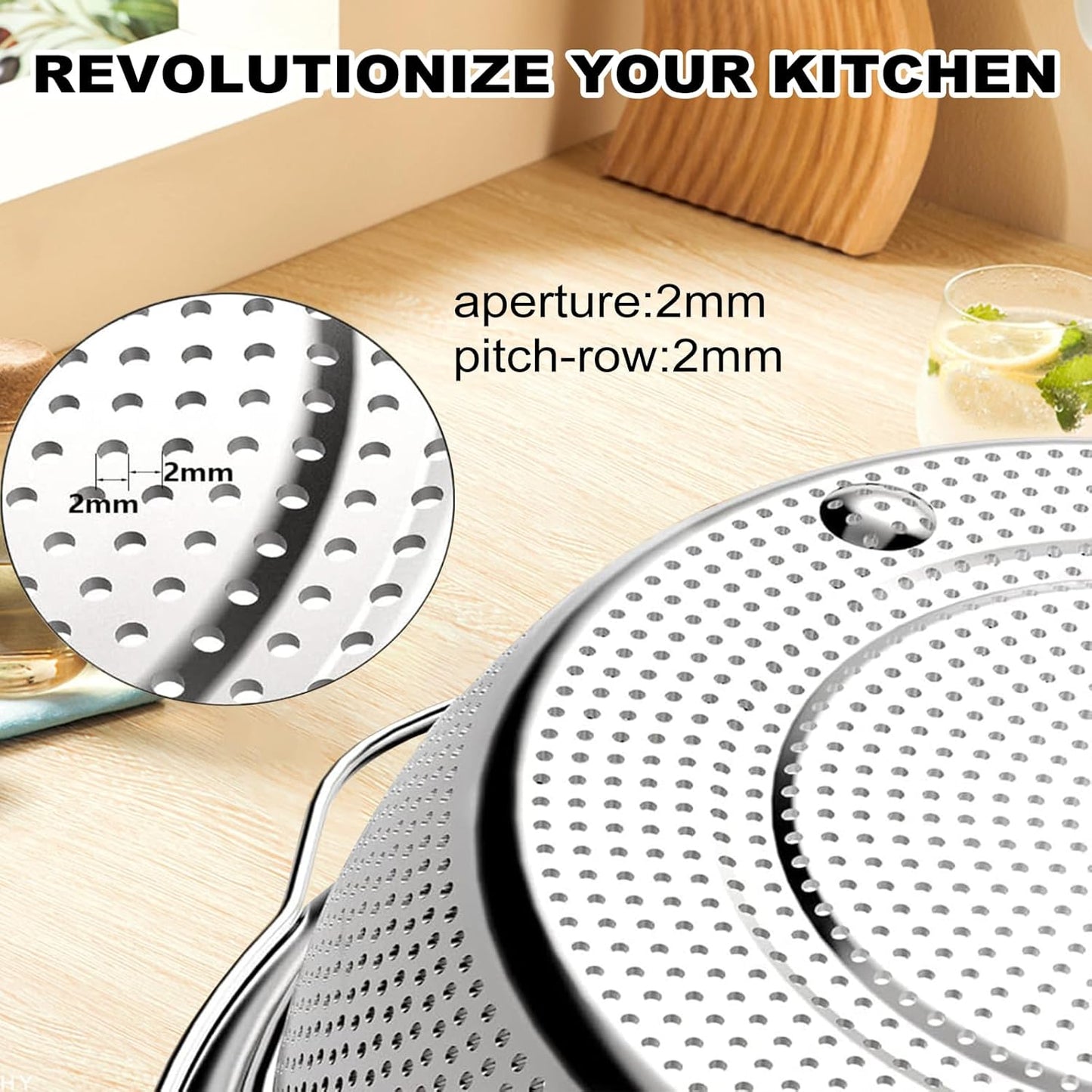 Stainless Steel Microporous Colander for Kitchen, 3.5QT Large Capacity, Colander and Bowl Set of Two, Stainless Steel Drain Basket with Mixing Bowl, for Washing Fruits and Vegetables (10.4×9.1inch)