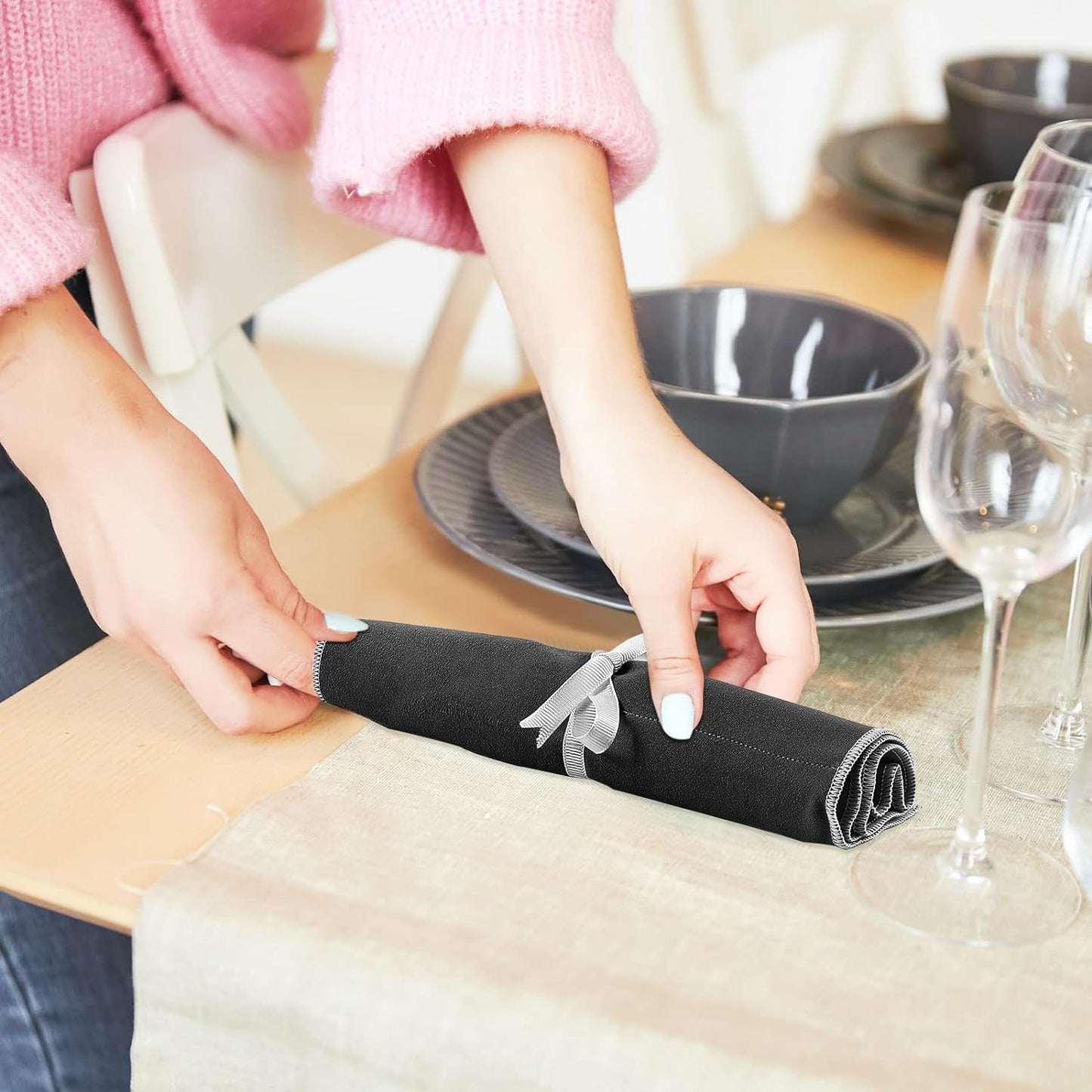 Hillban 12 Pcs Anti Tarnish Silver Storage Bags Silver Storage Cloth Felt Flatware Organizer Anti Tarnish Protector Bags Place Setting Roll with White Ribbon for Kitchen Cutlery Utensils (Black)