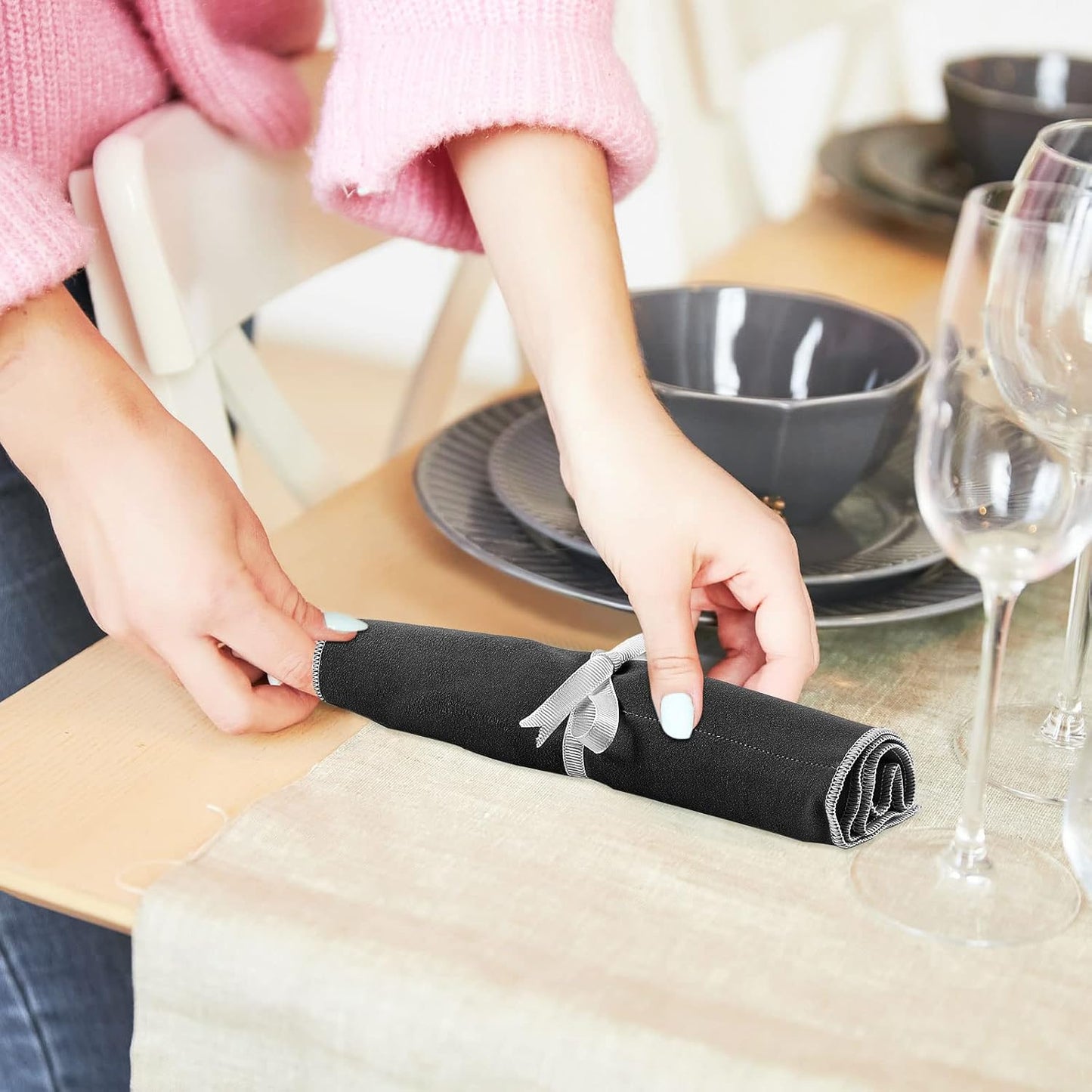 Hillban 18 Pcs Anti Tarnish Silver Storage Bags Silver Storage Cloth Felt Flatware Organizer Anti Tarnish Protector Bags Place Setting Roll with White Ribbon for Kitchen Cutlery Utensils (Black)