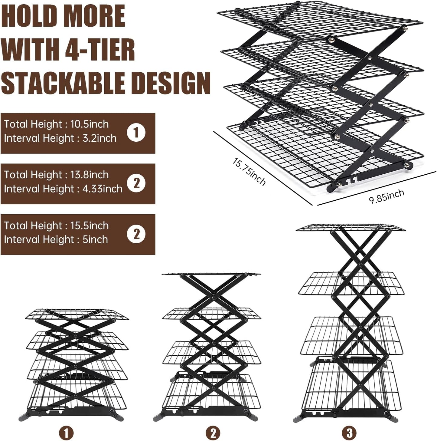 4-Tier Collapsible Cooling Rack – 16" x 10" Adjustable Stackable Non-Stick Wire Rack for Baking, Roasting, Cookies, Cakes, Drying, Picnic & BBQ, Each Tier Holds 22 Lbs