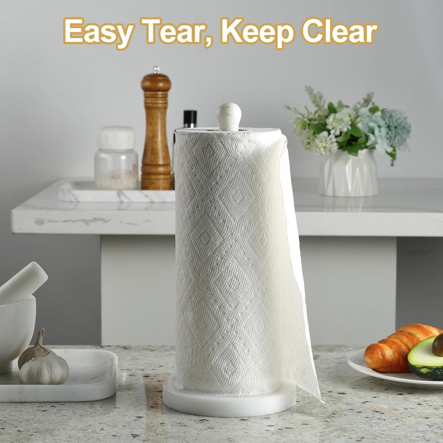 Koville Natural Marble Paper Towel Holder Countertop, 6“ Genuine Stone Paper Towel Holder Stand for Kitchen Storage, for Standard Rolls(Namib Fantasy)