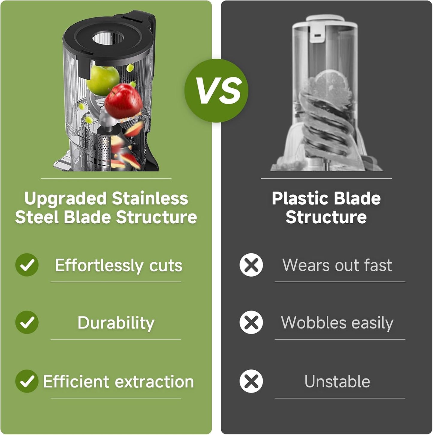 AMZCHEF Cold Press Juicer, 5.2" Juicer Machines with Large Feed Chute for Whole Fruits & Vegetables, Stainless Steel Juice Extractor with Large Auger, Triple Strainers, Easy Cleanup & Assembly