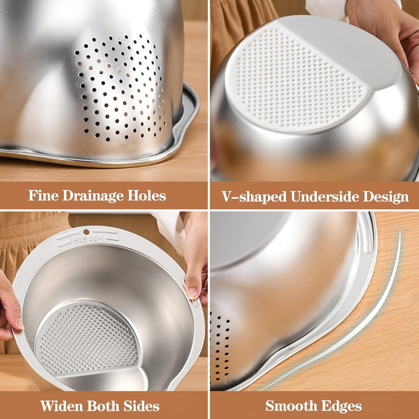Rice Washer Strainer Bowl - 4-in-1 Washing Bowl for Quinoa, Stainless Steel Rinser With Side Drainers Small Colander for Cleaning Fruits, Vegetables, and Beans - Versatile Kitchen Tool
