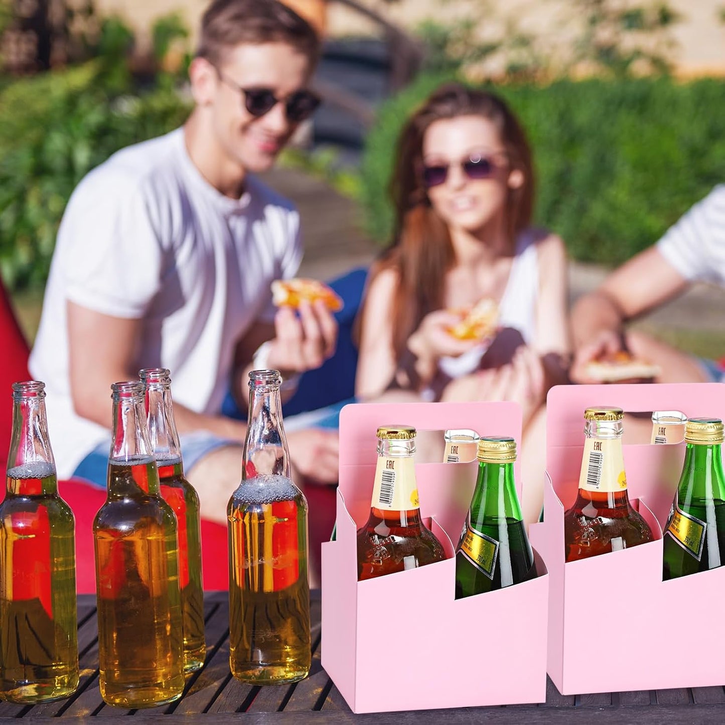 Jetec 4 Cup Drink Carrier with Handle, Kraft Paperboard Beer Carrier, Disposable Drink Holder for Hot or Cold Drinks, 12-16 oz Bottle Holder for Soda and Other Bottled Products(50 Pcs,Pink)