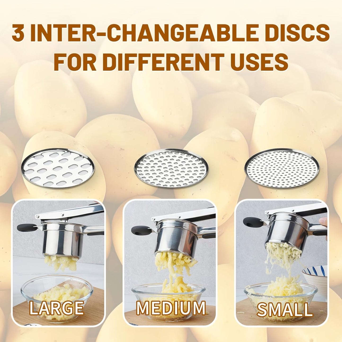 Potato Ricer 3 Interchangeable Discs Stainless Steel Potato Shredder for Smooth and Fluffy Mashed Potatoes, Puree, Fruit Juice, Baby Food (Silver)
